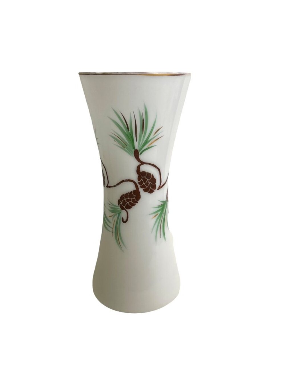 Vintage Consolidated Glass White Satin Vase Hand Painted Pinecone Gold Rim 9.75"